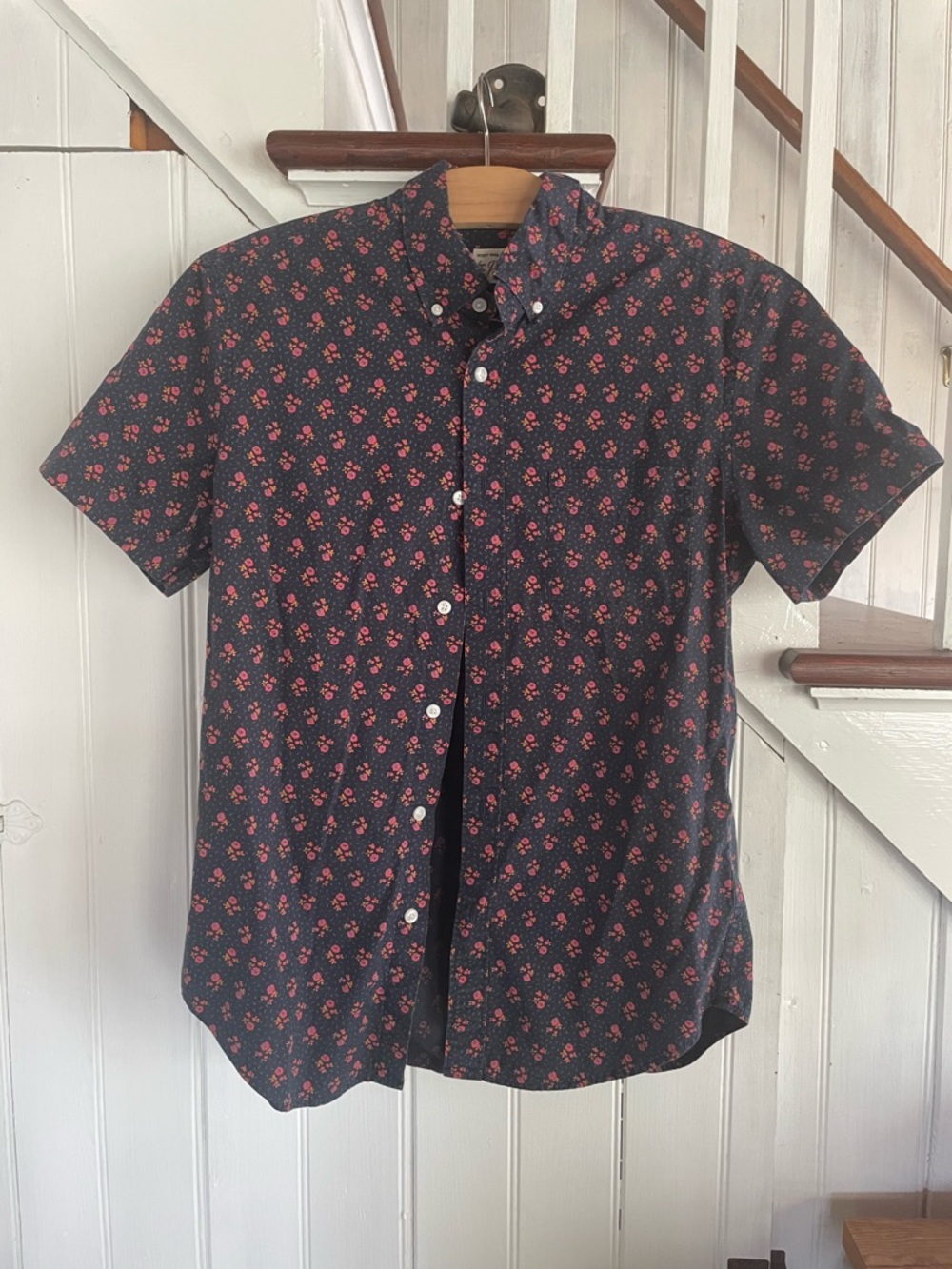 J. Crew Navy Short-Sleeve Button-Down with Red Floral Print